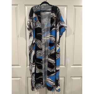 Animal Print Kimono Womens One Size Blue Sheer Beach Pool Cover Up Long Open
